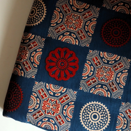 Blue Ajrakh Diagonal Motif Hand Printed Cotton Fabric