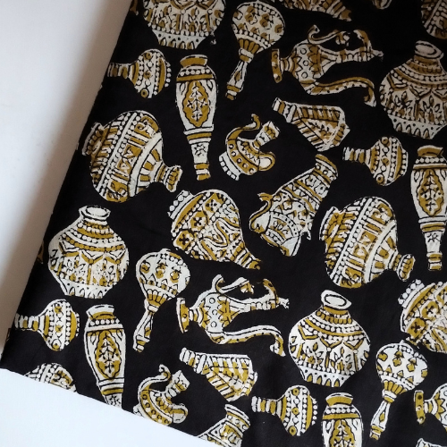 Black Block Printed Cotton Fabric