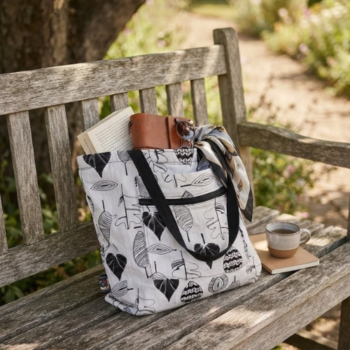 Black and White Leaf Block Printed Cotton Tote Handbag
