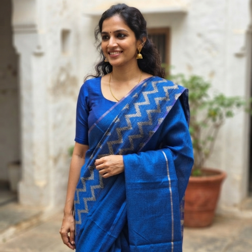 Indigo Zigzag Khadi Silk Saree