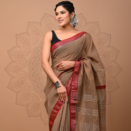 Biscuit Chequered Linen Saree with Silver Zari Border