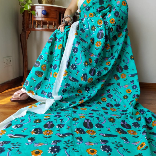 Sea Green Floral Mul Cotton Saree