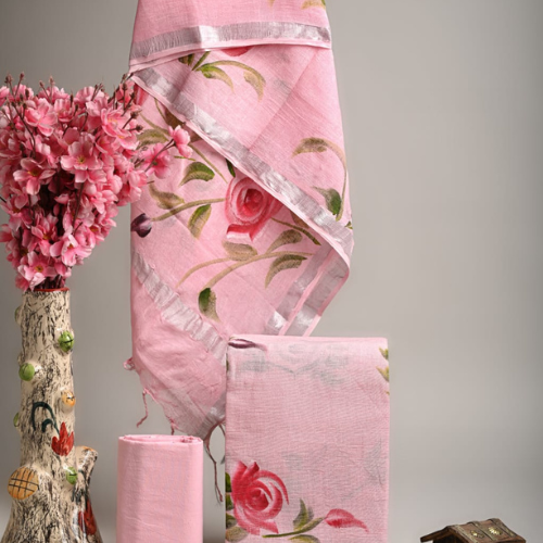 Pastel Pink Floral Hand-Painted Linen Cotton Unstitched Suit