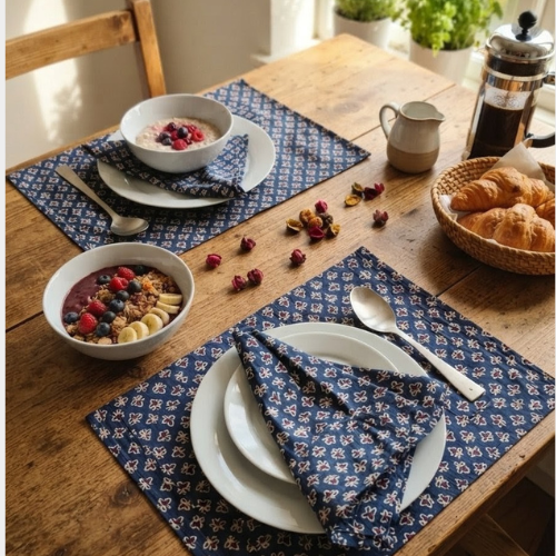 Indigo Ajrakh Buti Hand Printed Cotton Table Napkins
