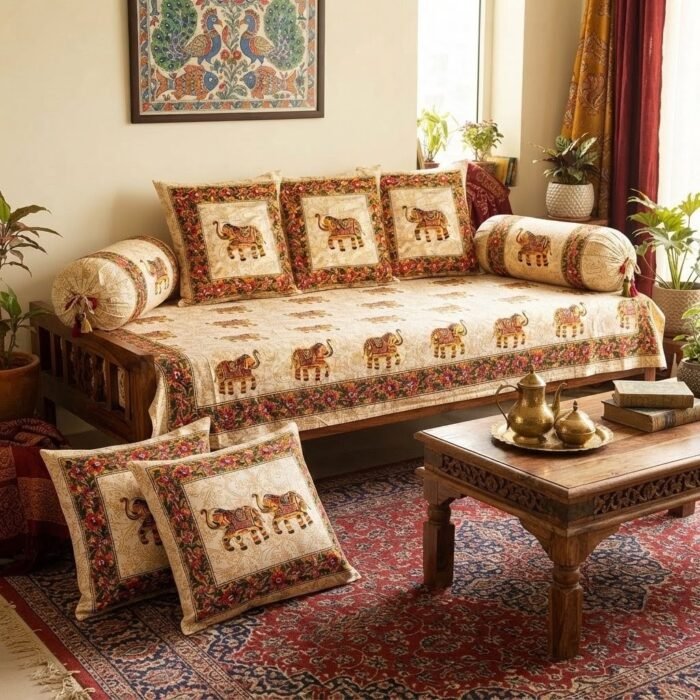 Ochre Elephant Hand Printed Cotton Diwan Set