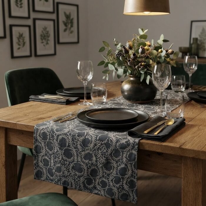 Ornate White Swirling Filigree Block Printed Cotton Table Runner