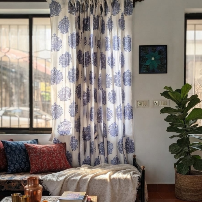Blue Floral Cluster Block Printed Cotton Curtain Set