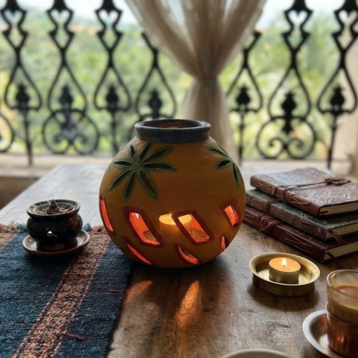 Golden Yellow Round Hand-Painted Terracotta Table Lantern