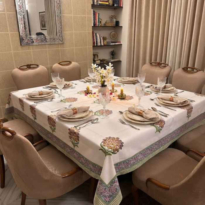 Warm Pink and Green Buta Block Printed Cotton Table Cover
