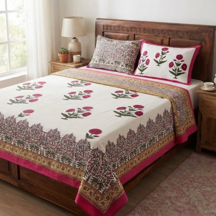 Red Buta Block Printed Cotton Double Bedsheet with 2 Pillow Covers